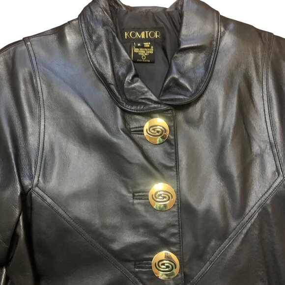 Womens Black Leather Long Trench Coat Gold Button NOS Goth Matrix Steampunk - Picture 6 of 12